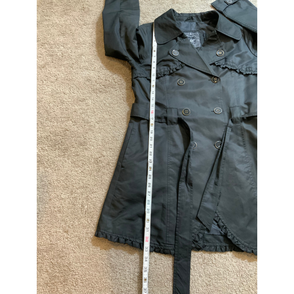 Beverly Hills Polo Club Womens Black Trench Coat Lg Belted Waist Ruffled Design - Picture 8 of 16